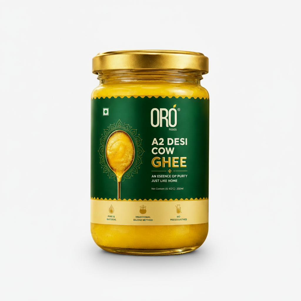 Jar of Oro A2 Desi Cow Ghee with a bowl of ghee on a natural background