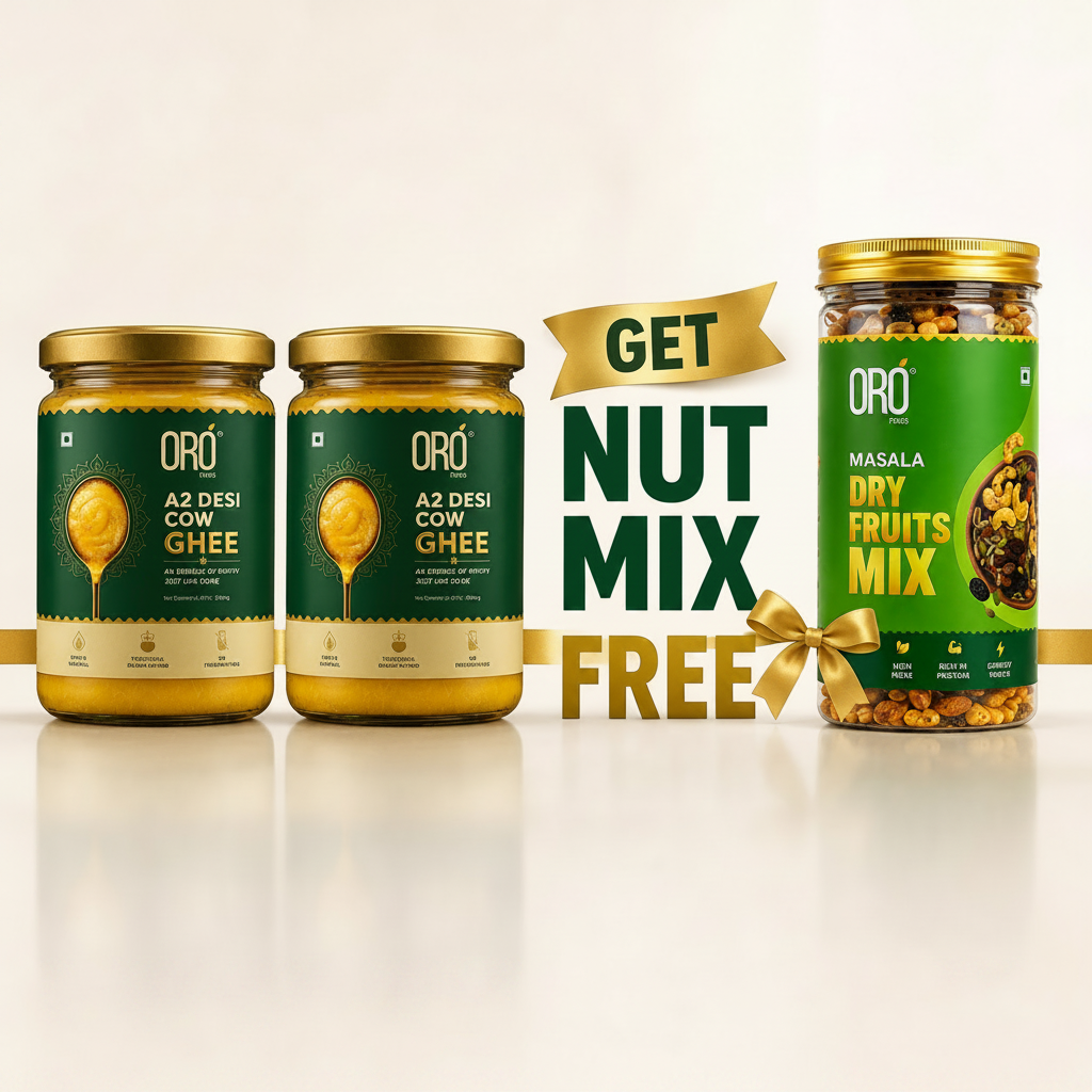Three jars of 'Oro' A2 Desi Cow Ghee and one jar of 'Oro' Magala Dry Fruits Mix on a white background with promotional text.