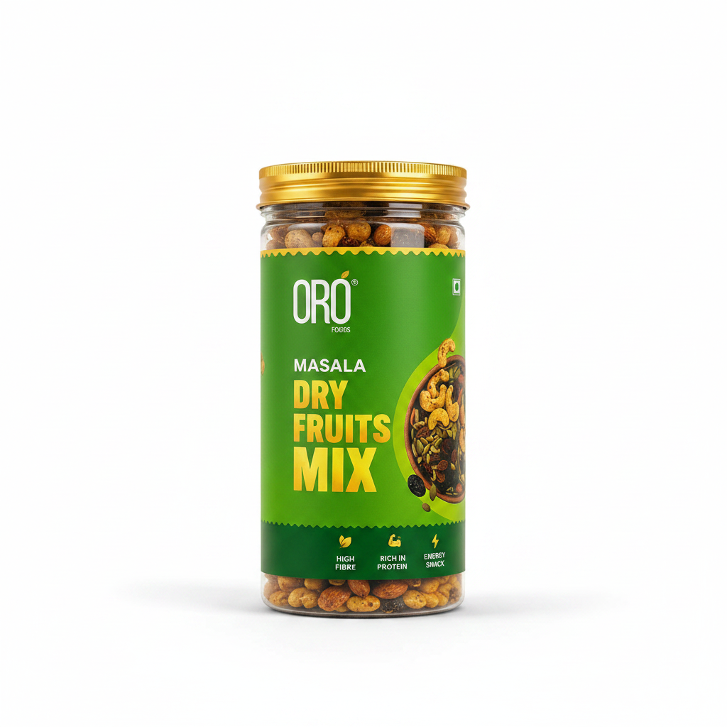 Oro Foods Masala Dry Fruits Mix packaging with green label and gold lid on a white background