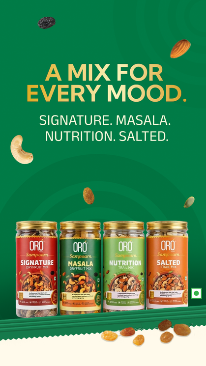 Four jars of ORO brand snacks on a green background with text about mood and flavors.