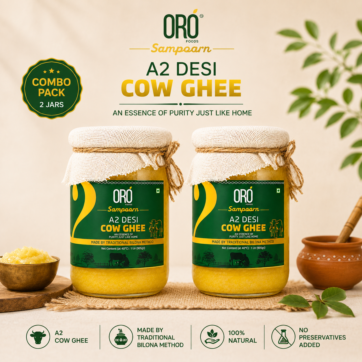 ORO Sampoorn A2 Desi Cow Ghee Combo Pack (2 x 500 ML)